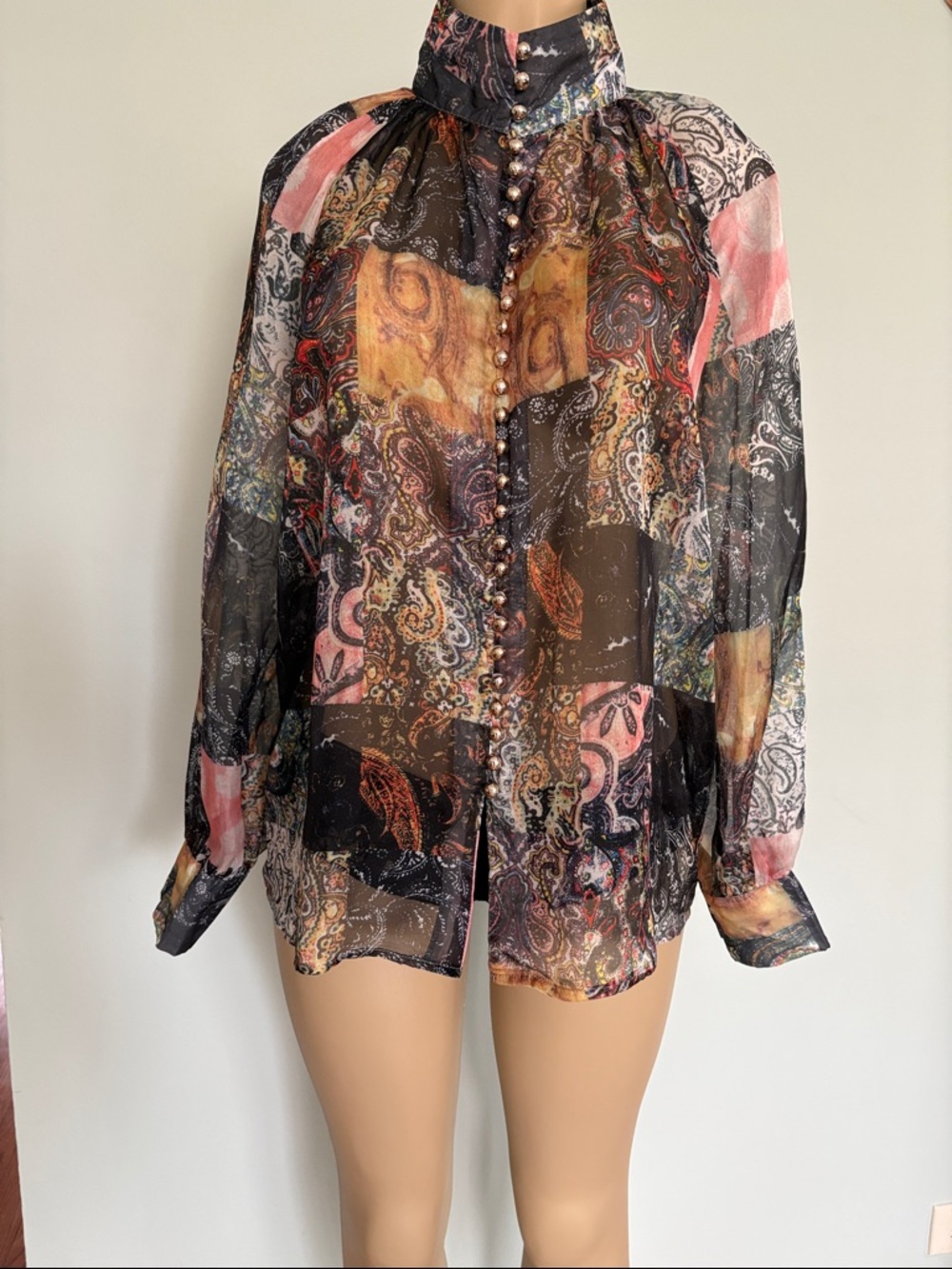 Vintage Bohemian Pure Silk Sheer Paisley Collage Print Blouse on golden buttons.